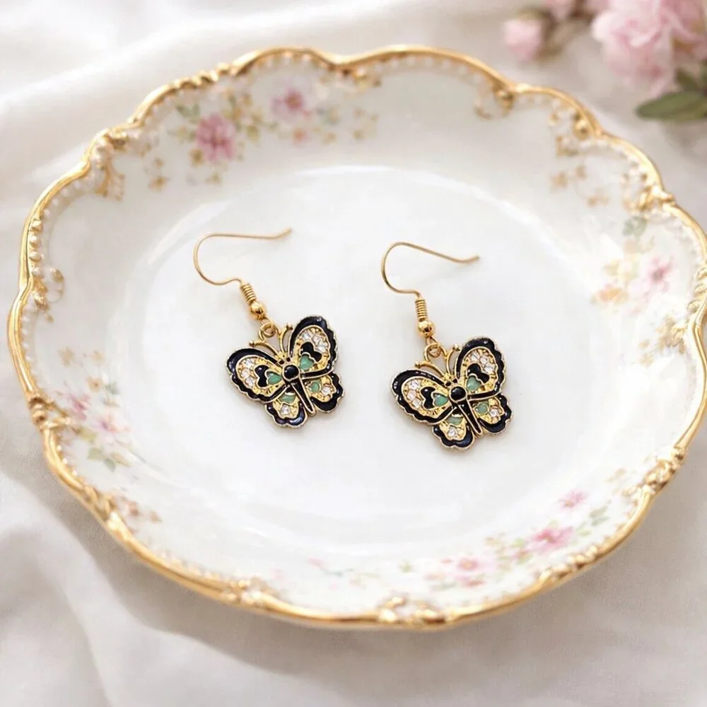 Luxe Blue Butterfly Dangle Earrings Gold Tone Luxe Sparkle Faux Stone New